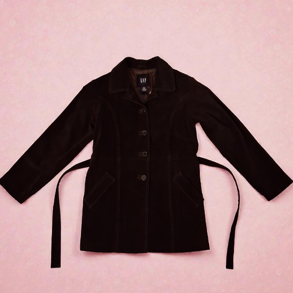 GAP Spring Leather Belted Jacket Dark Brown Mid-Length | Women's Size: Large - Picture 3 of 16